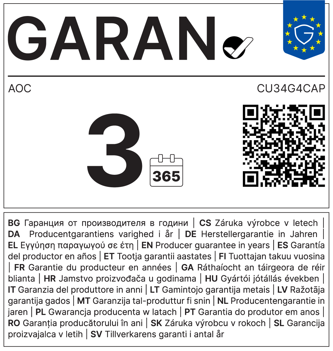 Label mit der Aufschrift GARAN, einer großen Zahl 3, einem QR-Code und Garantiedetails in verschiedenen Sprachen.
