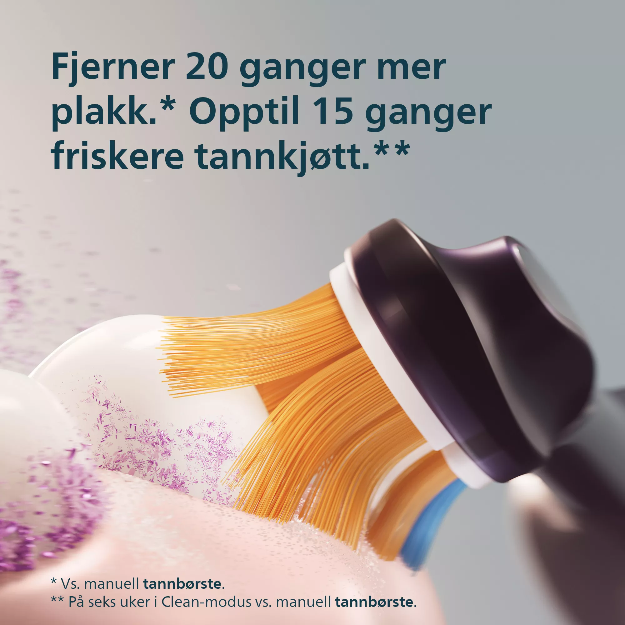Egy elektromos fogkefe eltávolítja a lepedéket egy fehér fogról. Norvég szöveg a háttérben.