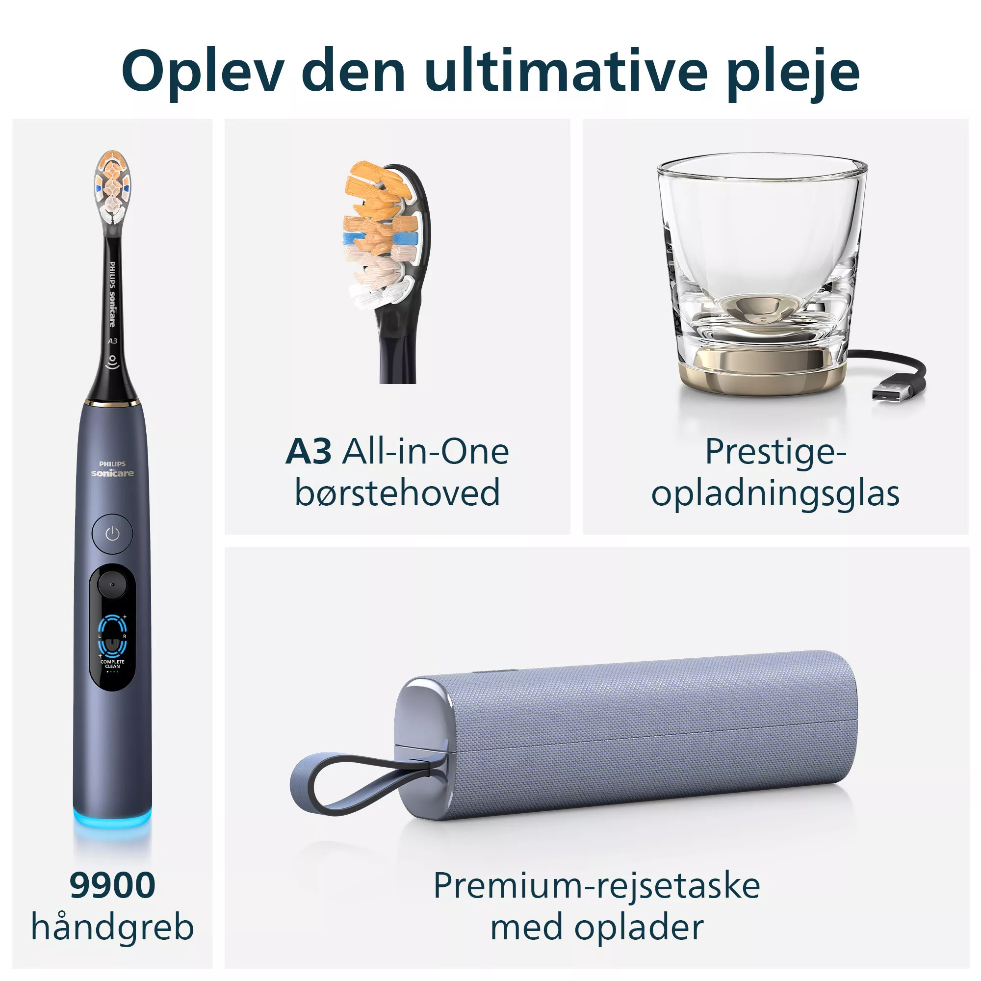 Sonicare Zahnbürste mit A3-Bürstenkopf, Ladeglas und grauer Reise-Etui-Tasche.
