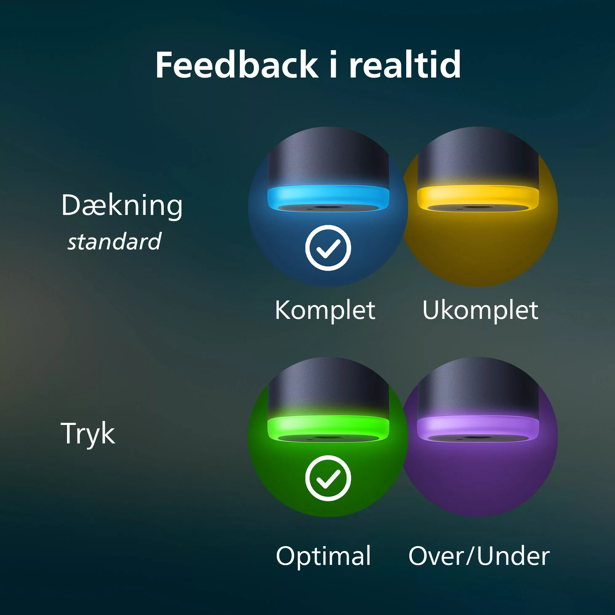 Diagramm zeigt Echtzeit-Feedback mit vier runden Lichtern in Blau, Gelb, Grün und Lila auf dunklem Hintergrund.