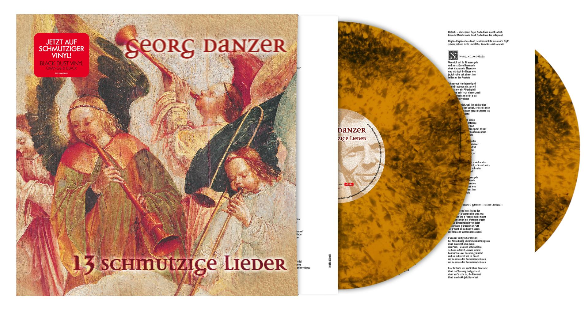 Albumcover und orange-schwarze Vinylplatte von Georg Danzer, 13 schmutzige Lieder.