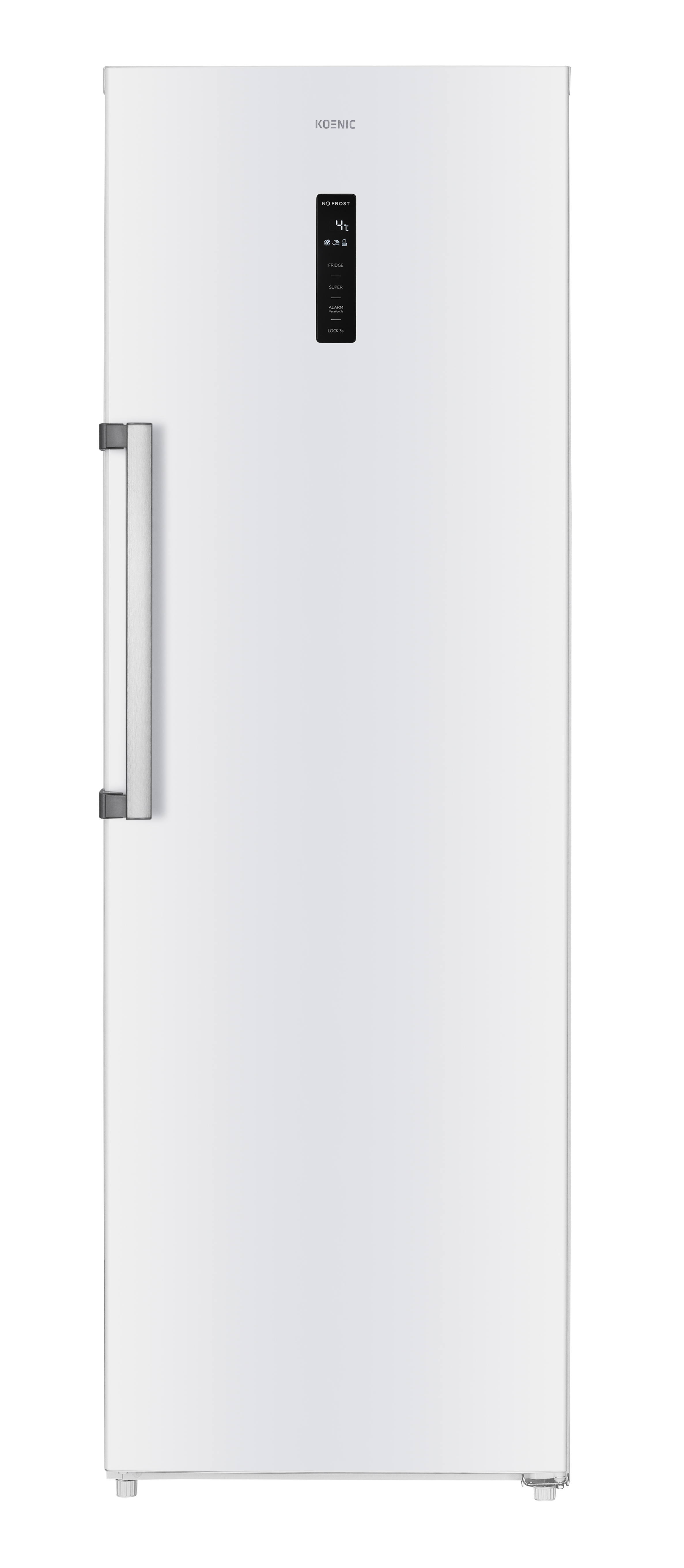 Ein weißer Koenic Kühlschrank mit vertikalem Griff und schwarzem Display.