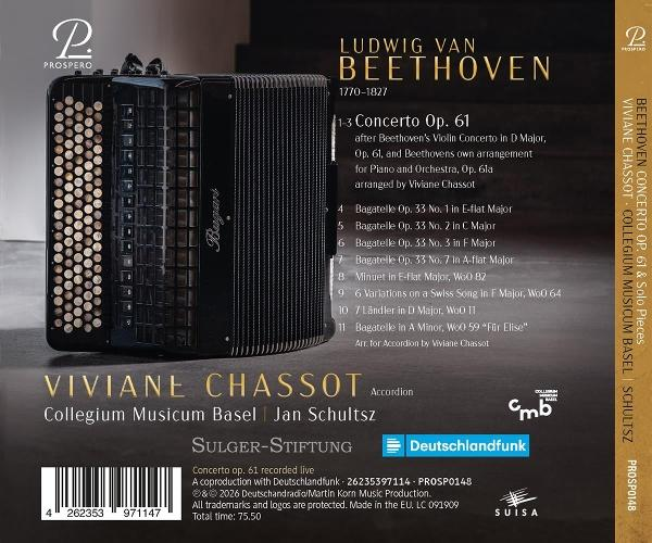 CD-Rückseite mit schwarzem Akkordeon, Beethoven-Tracklist und Texten in Gold auf braunem Hintergrund.