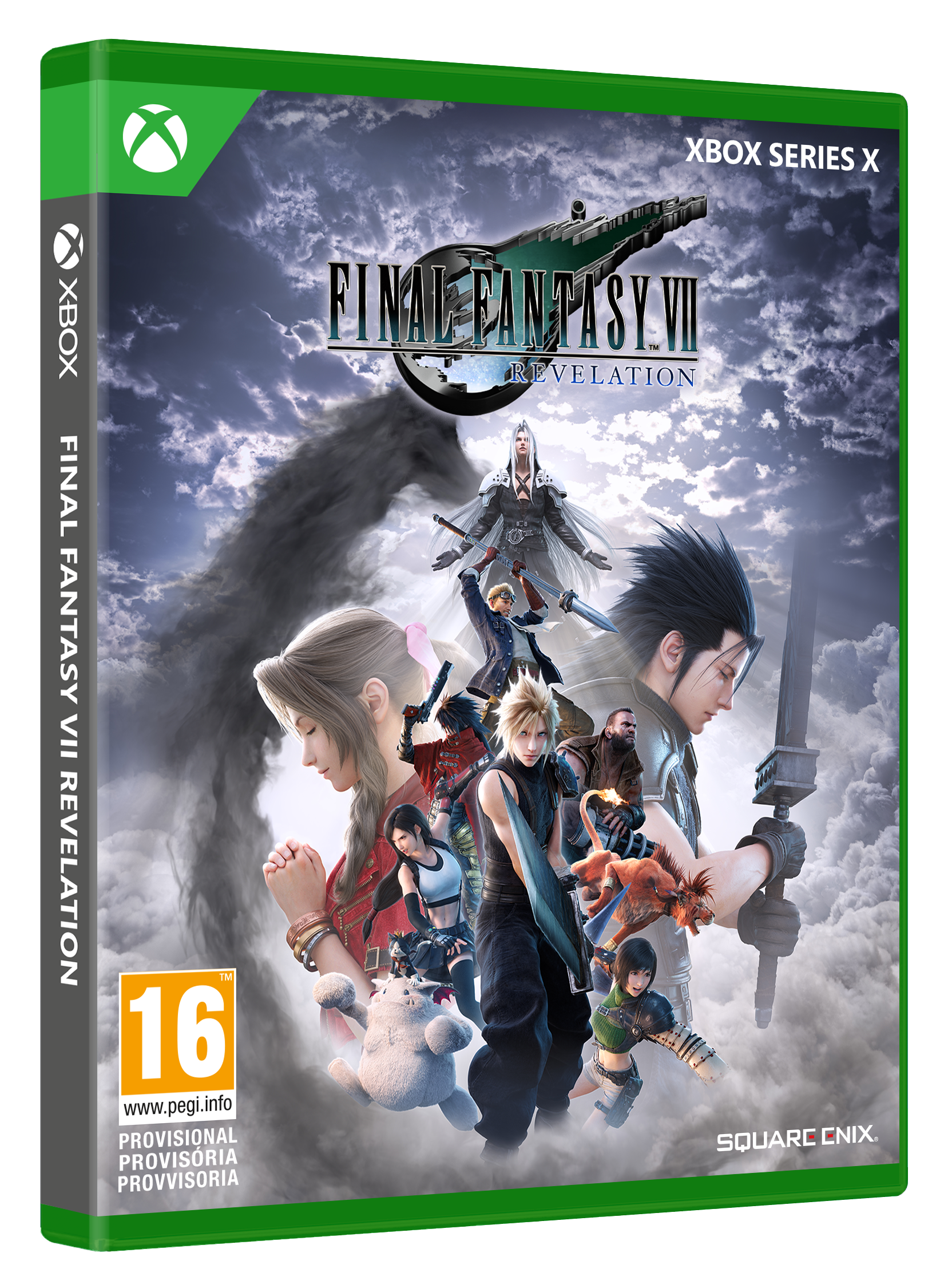 Carátula de Xbox Series X para Final Fantasy VII Revelation con personajes sobre cielo nublado.