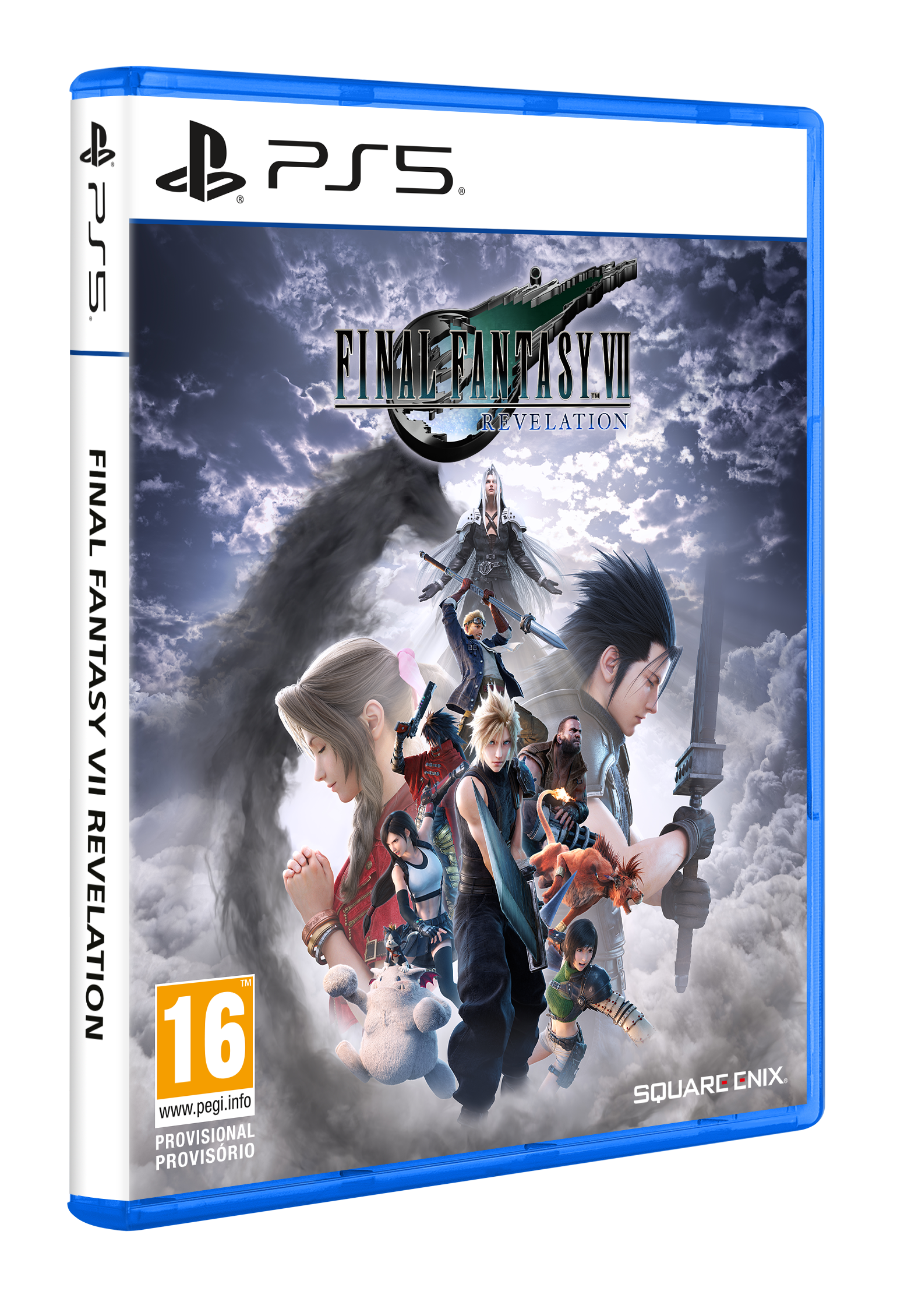 Carátula de PlayStation 5 para Final Fantasy VII Revelation con personajes y fondo nublado.