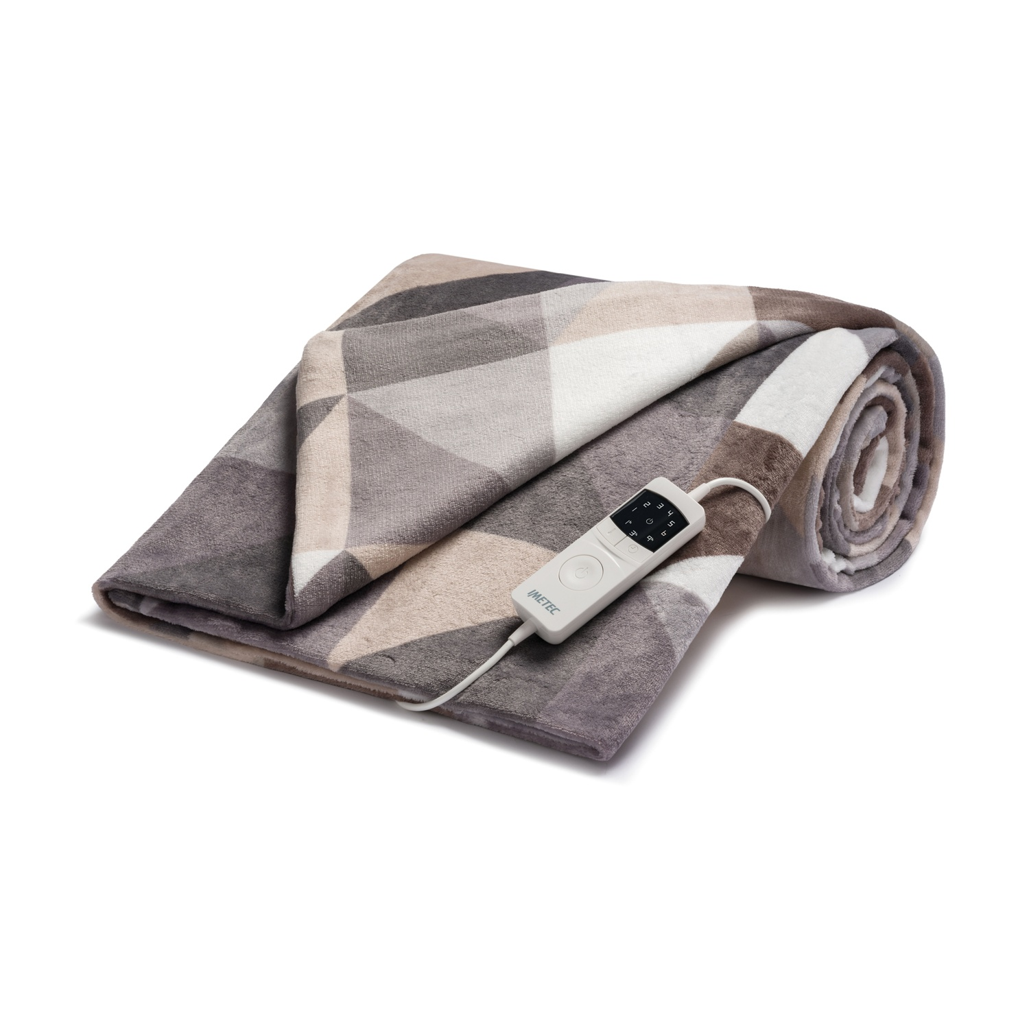 Una coperta riscaldante piegata nei toni del grigio e del beige con motivo geometrico e telecomando bianco.