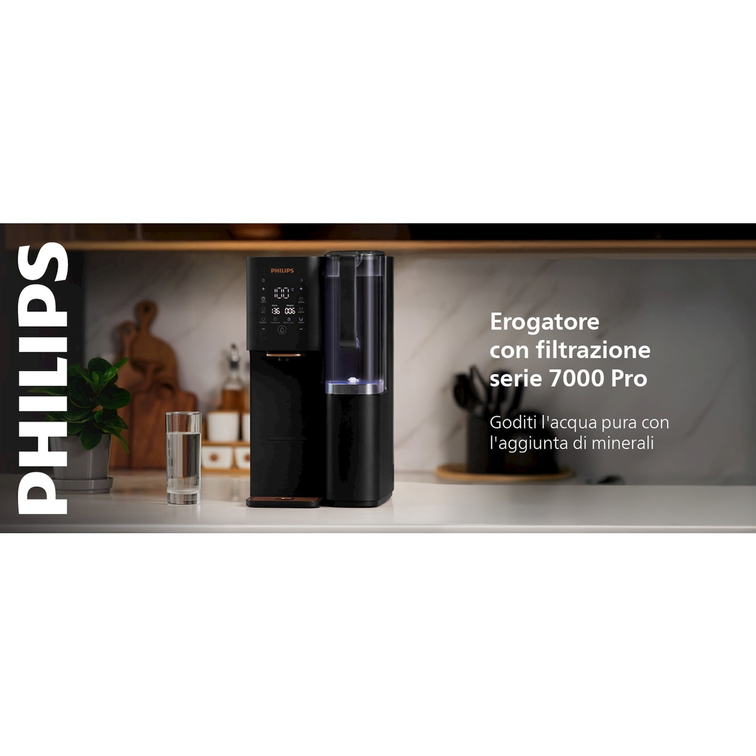Erogatore d'acqua nero Philips 7000 Pro su un piano cucina.