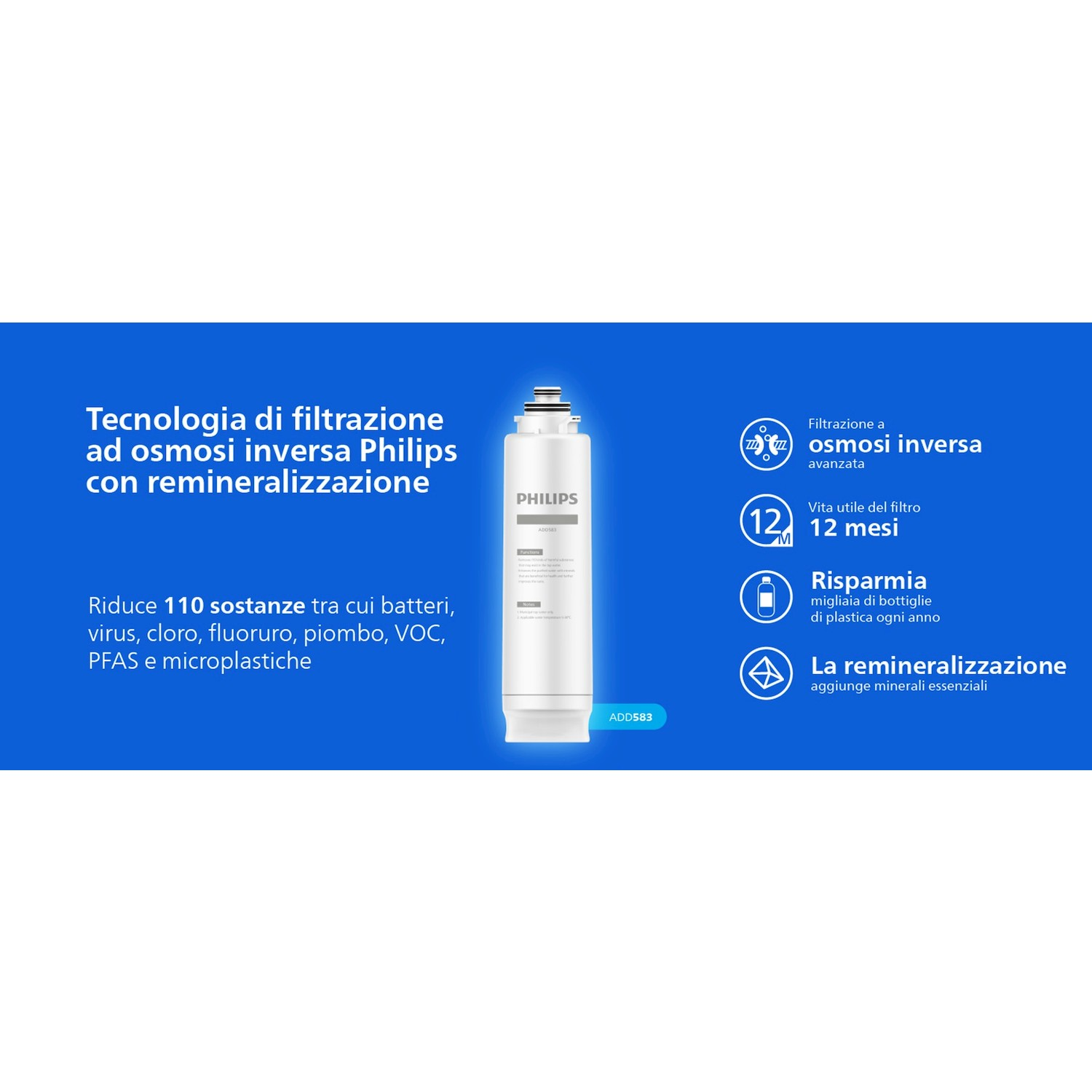 Filtro acqua a osmosi inversa Philips con caratteristiche su sfondo blu.