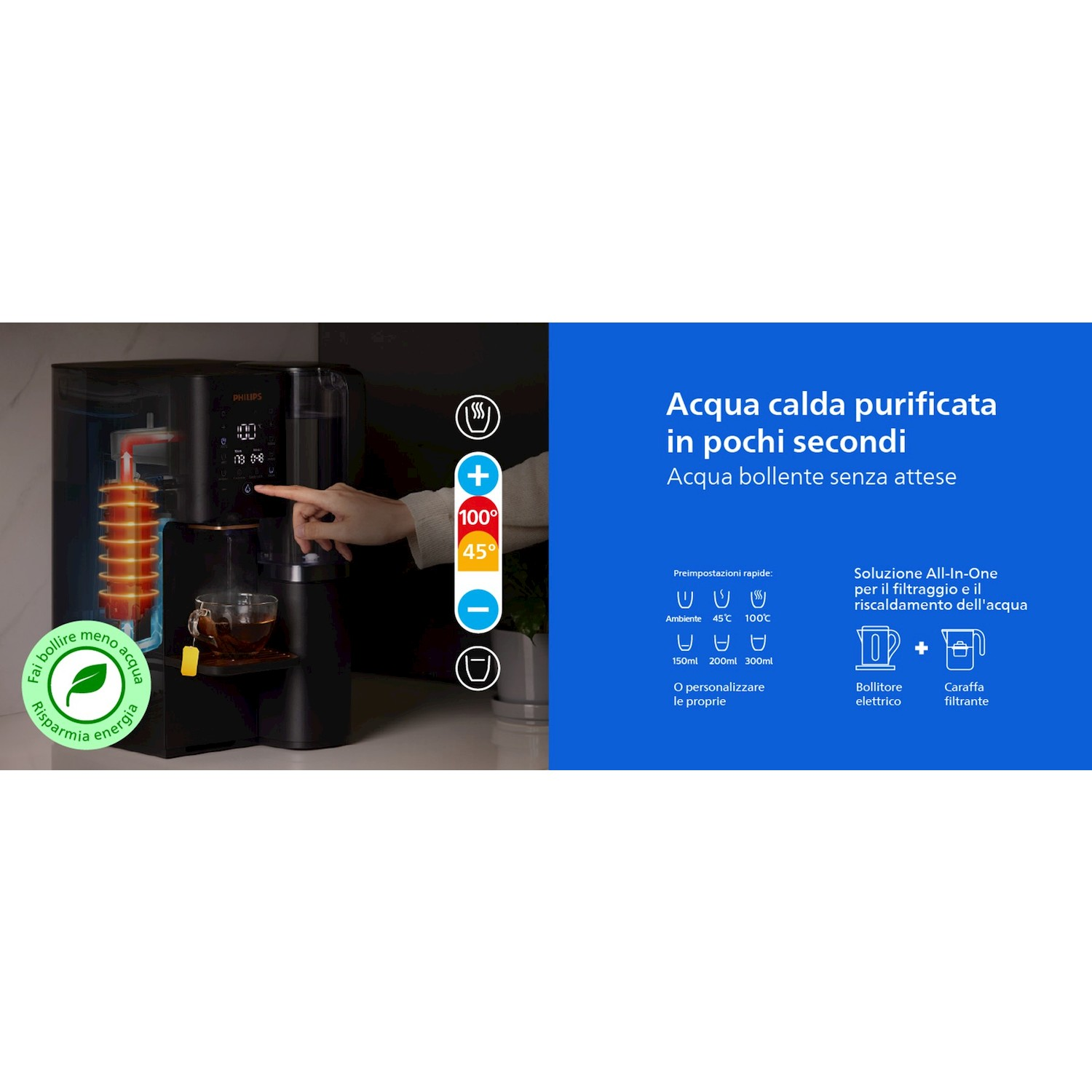 Un erogatore di acqua calda Philips nero riempie una tazza. A destra, testo blu in italiano.