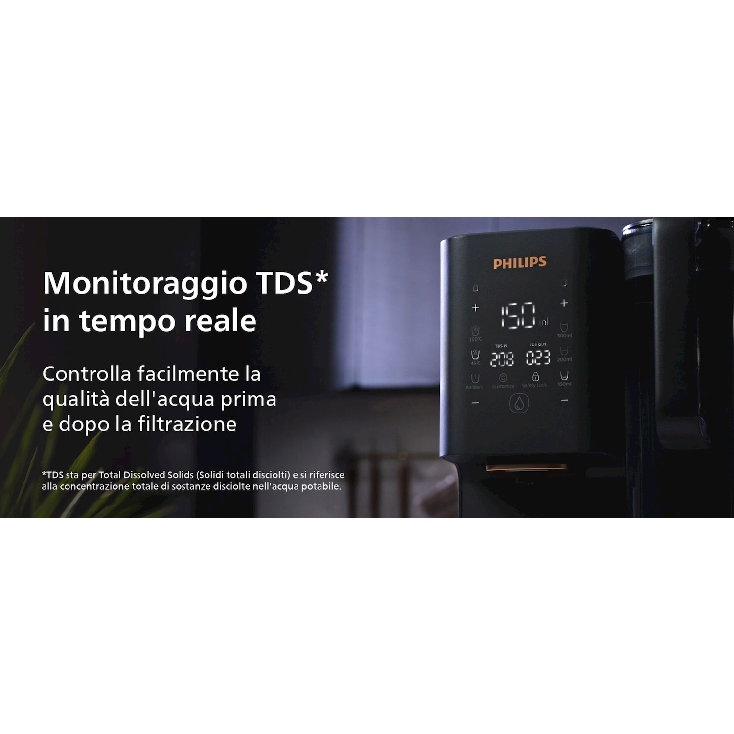 Display del filtro dell'acqua Philips con monitoraggio TDS.