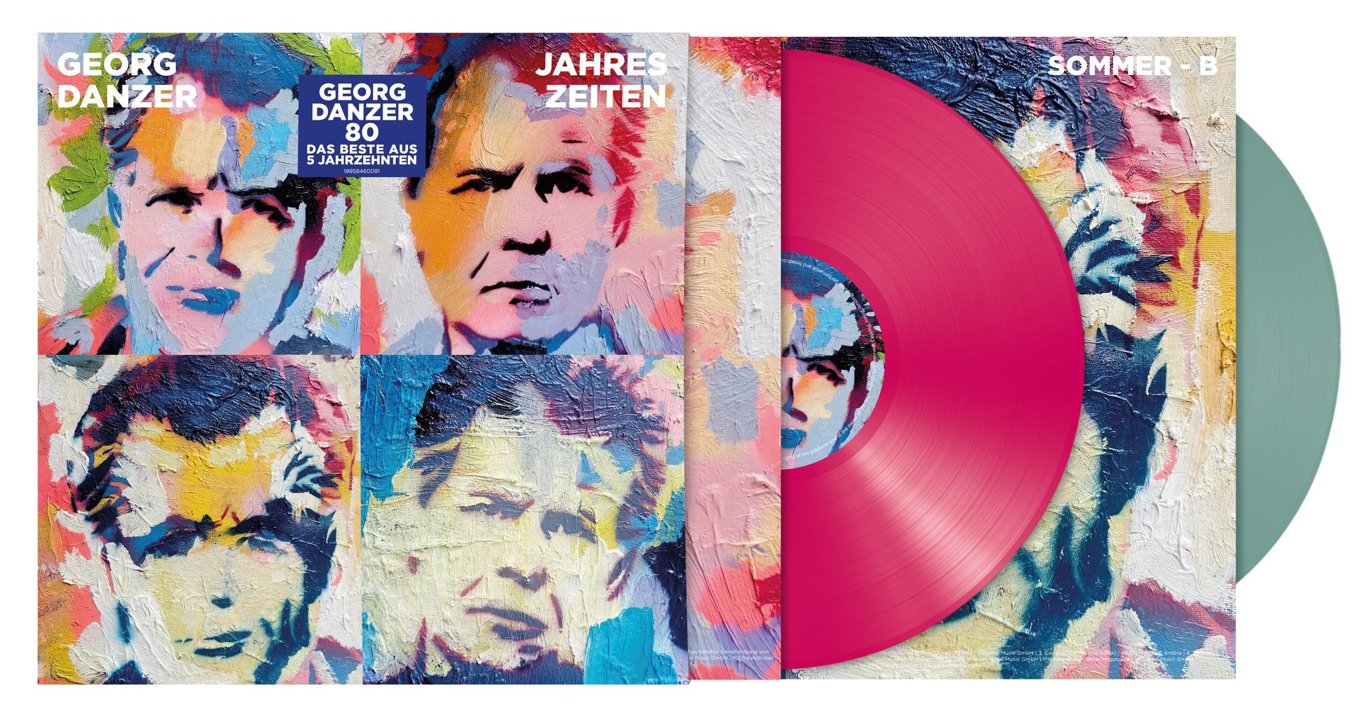 Buntes gemaltes Albumcover von Georg Danzer mit einer pinken Schallplatte und Text.