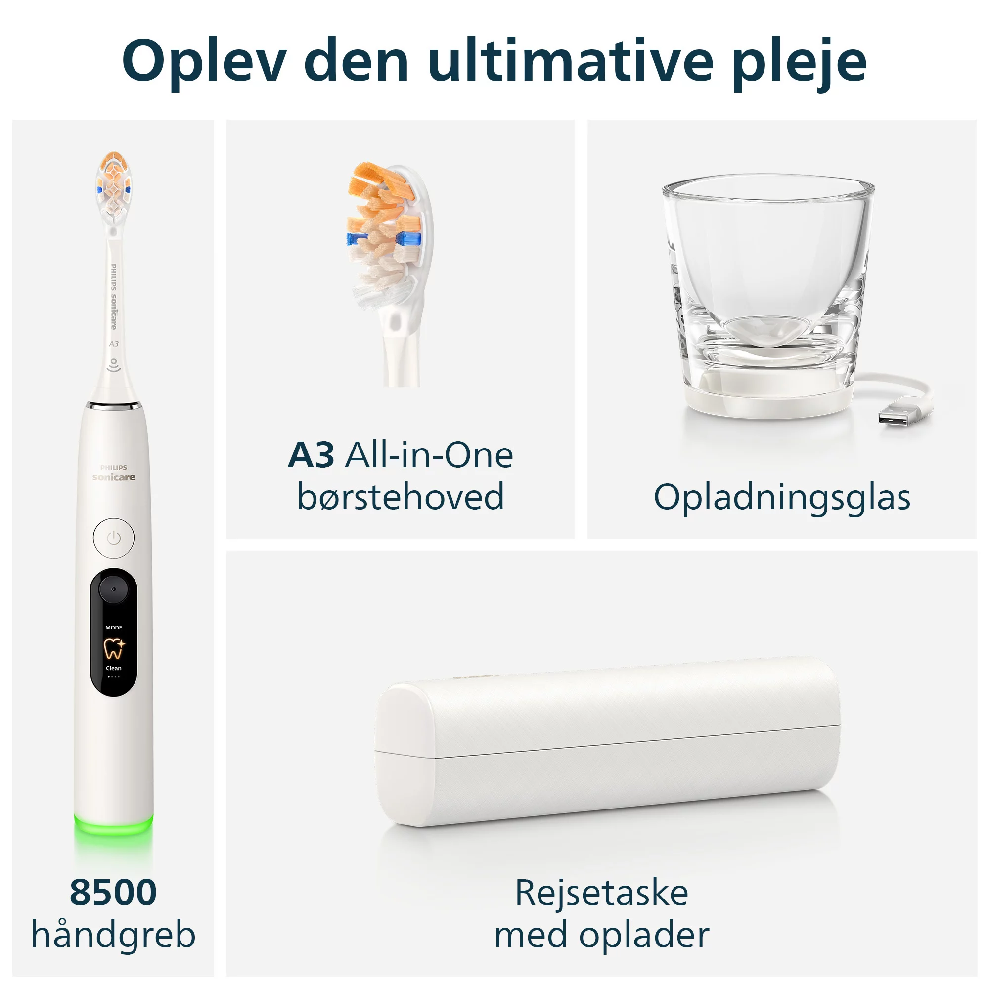 Philips Sonicare 8500 fogkefe fejjel, töltőpohárral és utazótokkal.