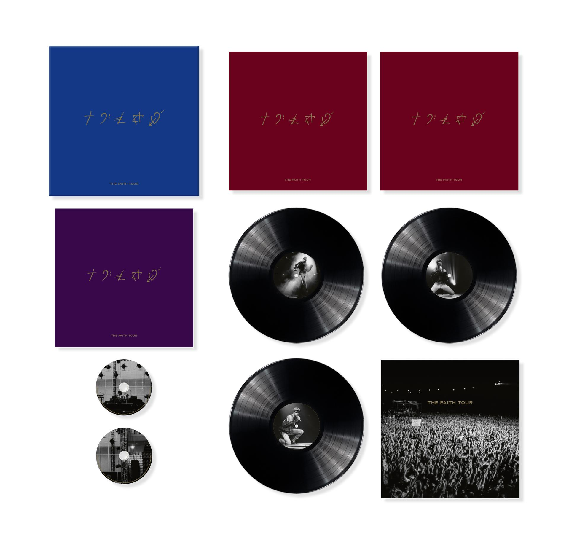Vinyl-Box-Set mit blauen und roten Covern, drei schwarzen Schallplatten, zwei CDs und einem Konzertfoto.