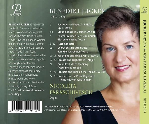 CD-Cover mit Organistin Nicoleta Paraschivescu, Tracklist und Text über Benedikt Jucker.