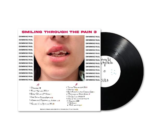 Eine Schallplatte und Cover mit Nahaufnahme eines Gesichts mit spröden Lippen und Trackliste für 'Smiling Through The Pain 3'.