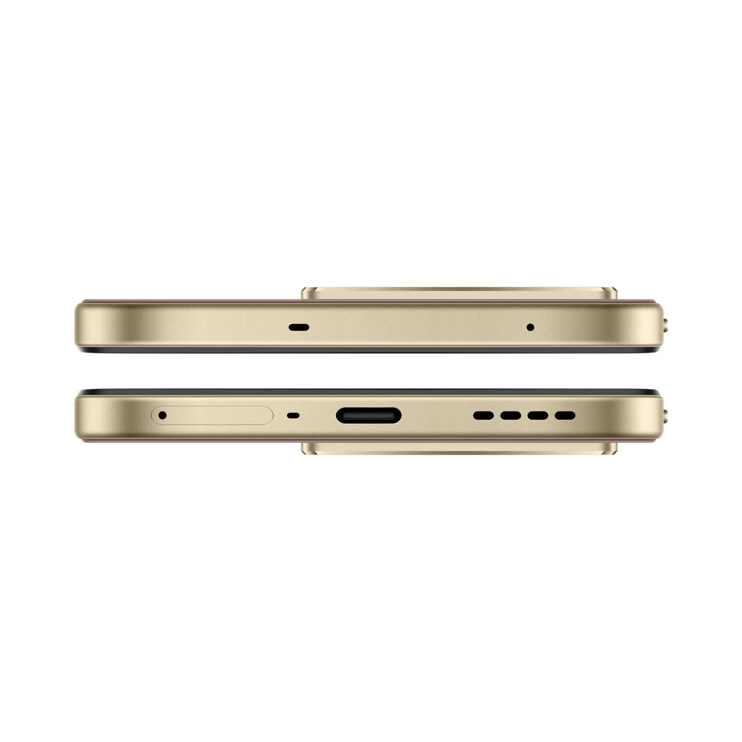 Bordes superior e inferior de un smartphone dorado sobre fondo negro, con puertos y altavoces.
