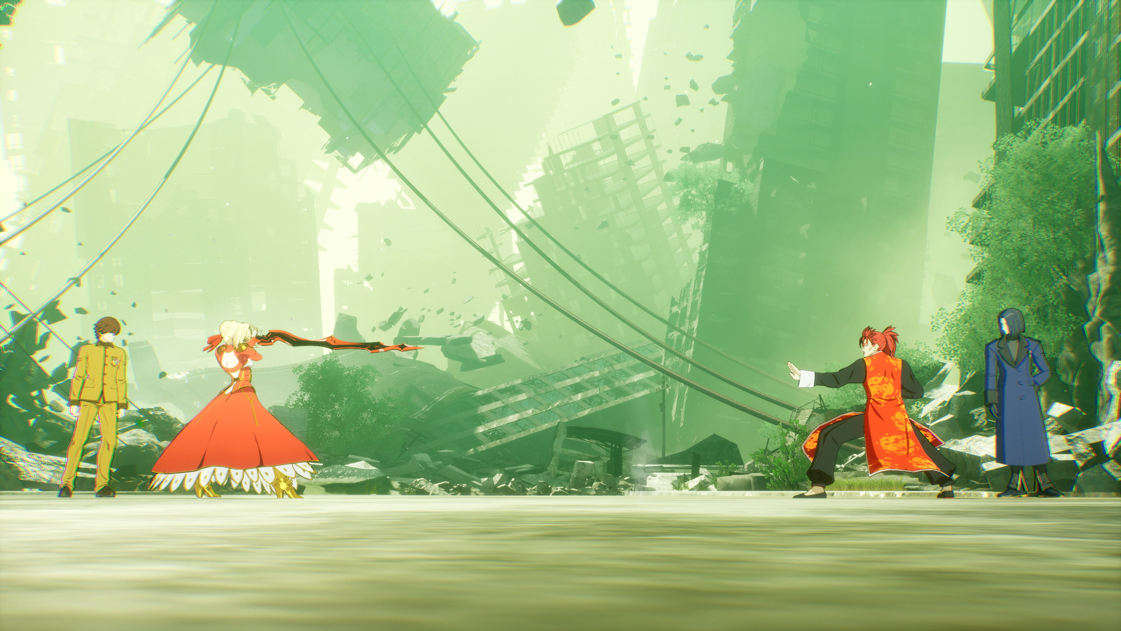 Cuatro personajes de estilo anime se enfrentan en un paisaje urbano destruido.
