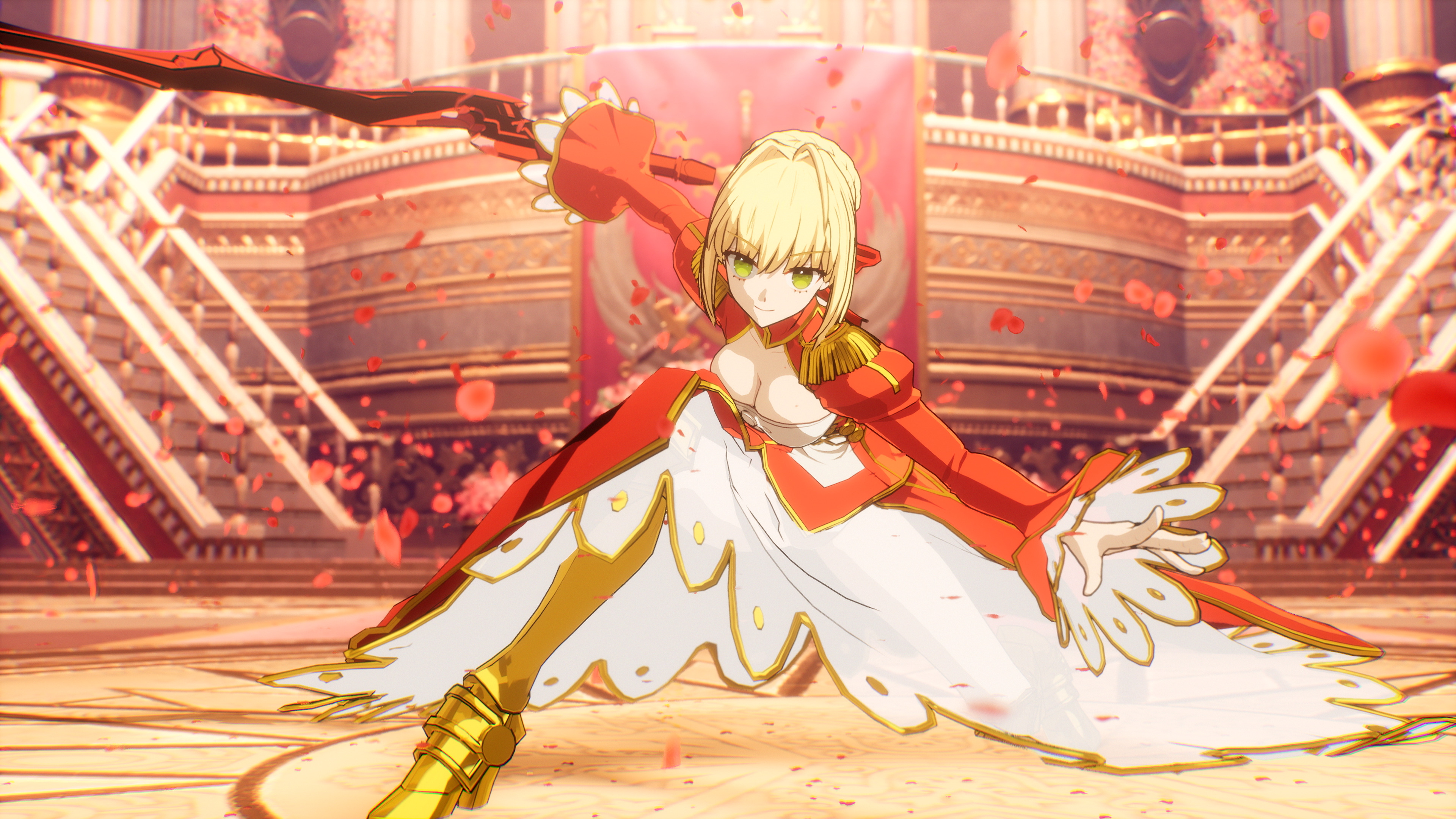 Una guerrera de anime rubia con vestido rojo y blanco sostiene una espada en un gran salón con pétalos cayendo.