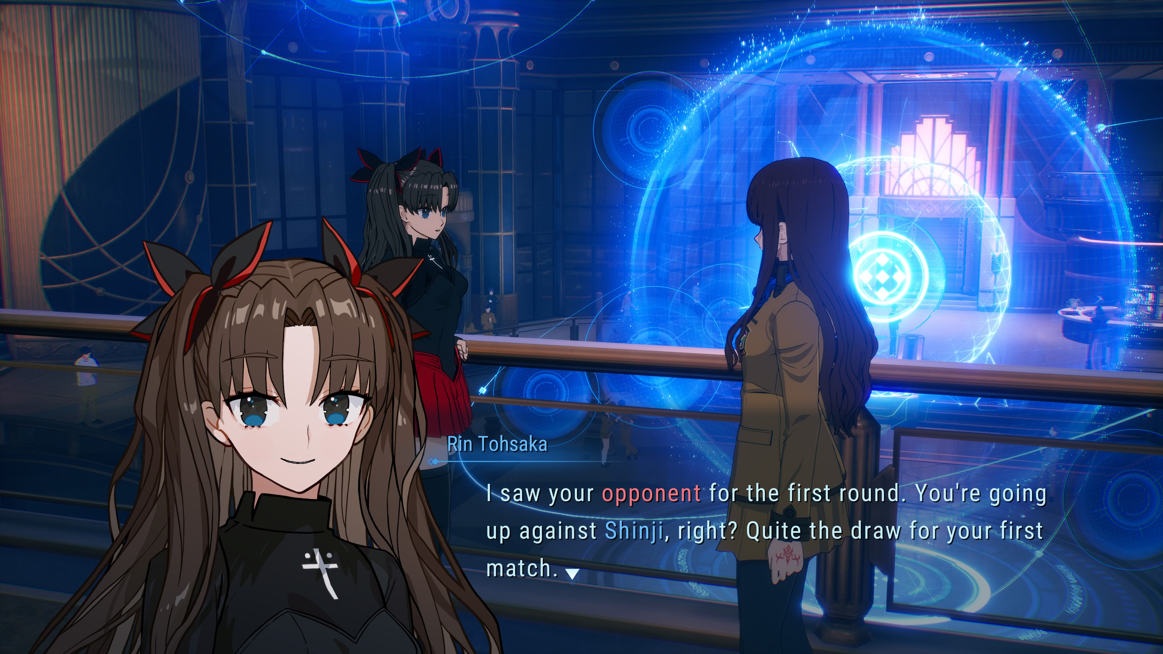 Personajes de anime conversan cerca de un círculo mágico azul brillante en un gran salón, con texto abajo.