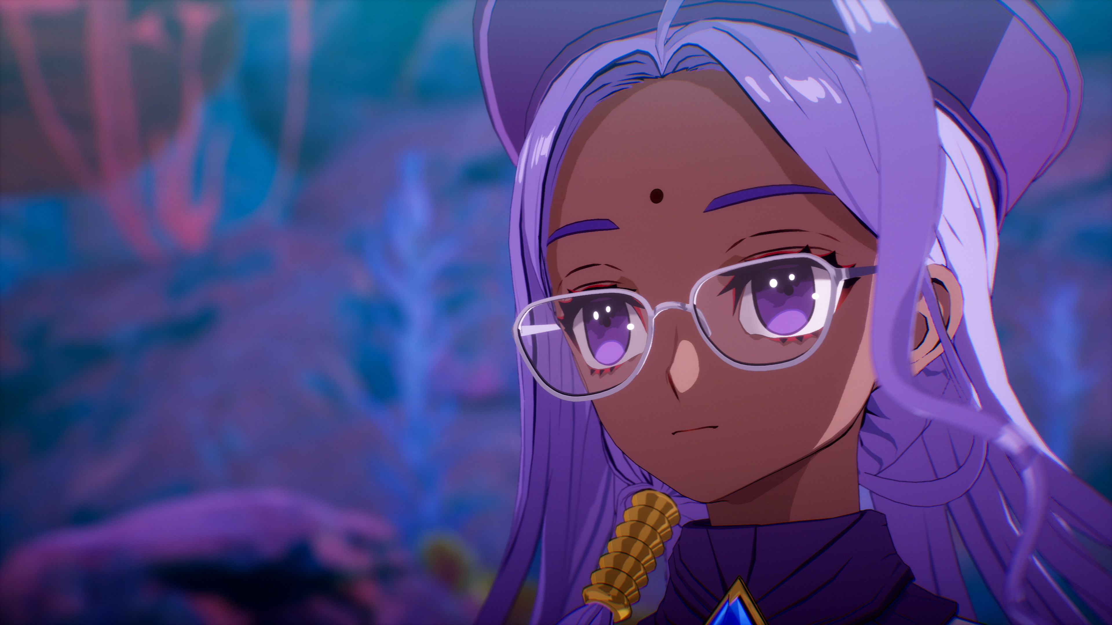 Personaje de anime con cabello largo morado, gafas y tez oscura sobre un fondo borroso.