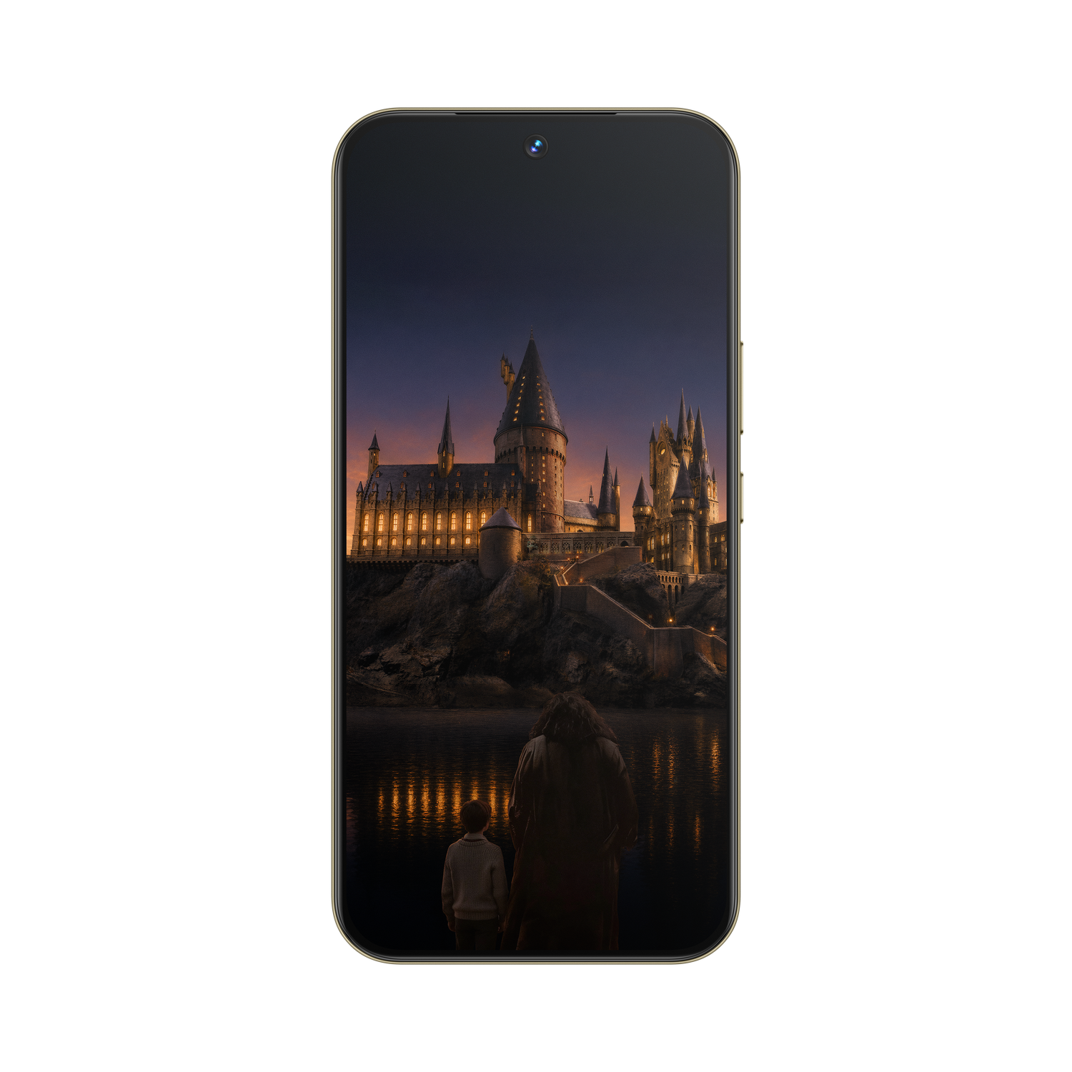 Smartphone que muestra un fondo de pantalla de Hogwarts con dos figuras.