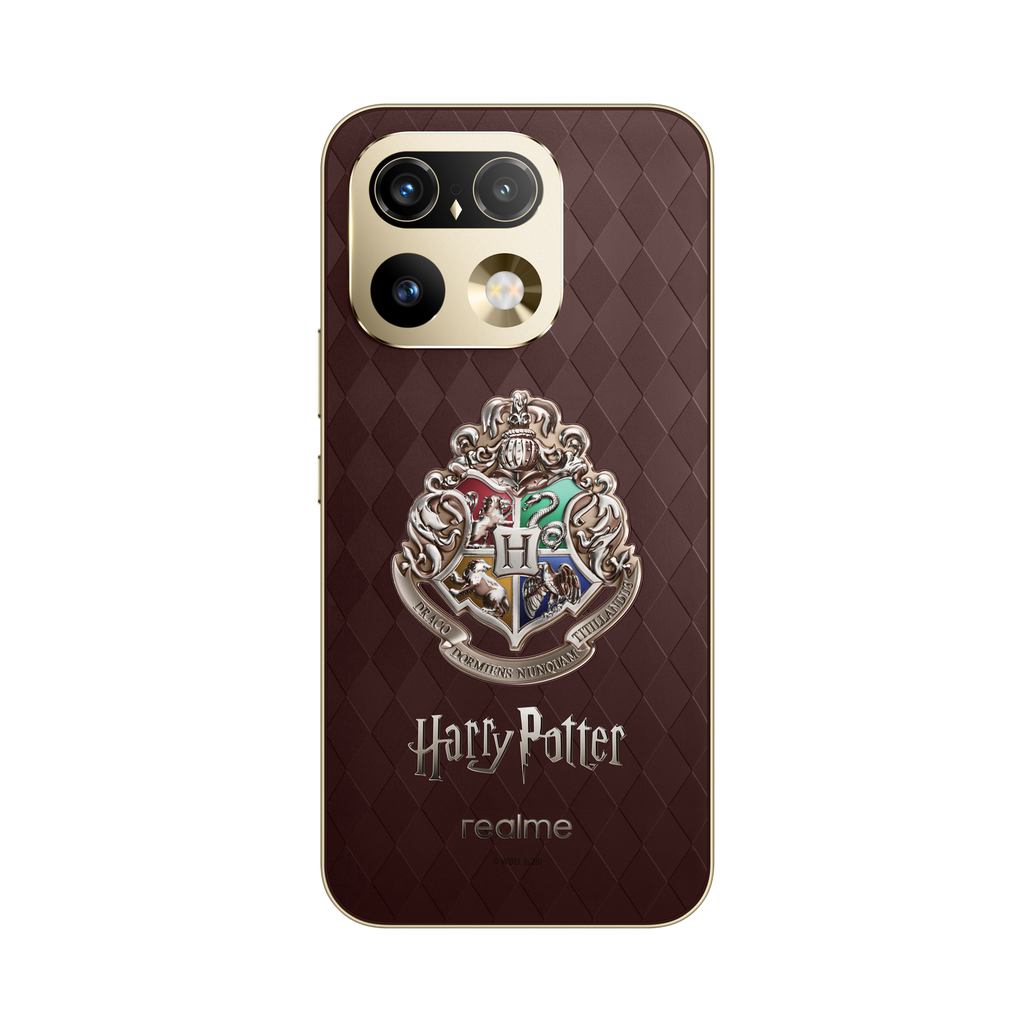 Parte trasera de un smartphone marrón rojizo con marco dorado, escudo de Hogwarts y letras de Harry Potter.