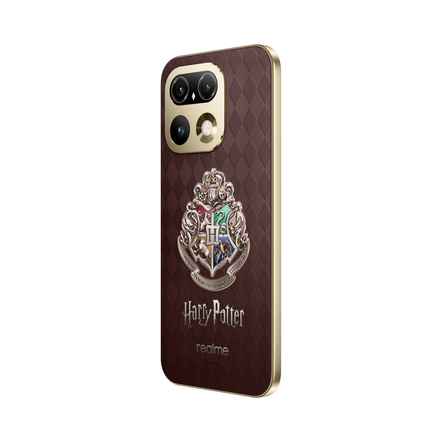 Un teléfono marrón de Harry Potter con el escudo de Hogwarts, borde dorado y doble cámara sobre fondo negro.