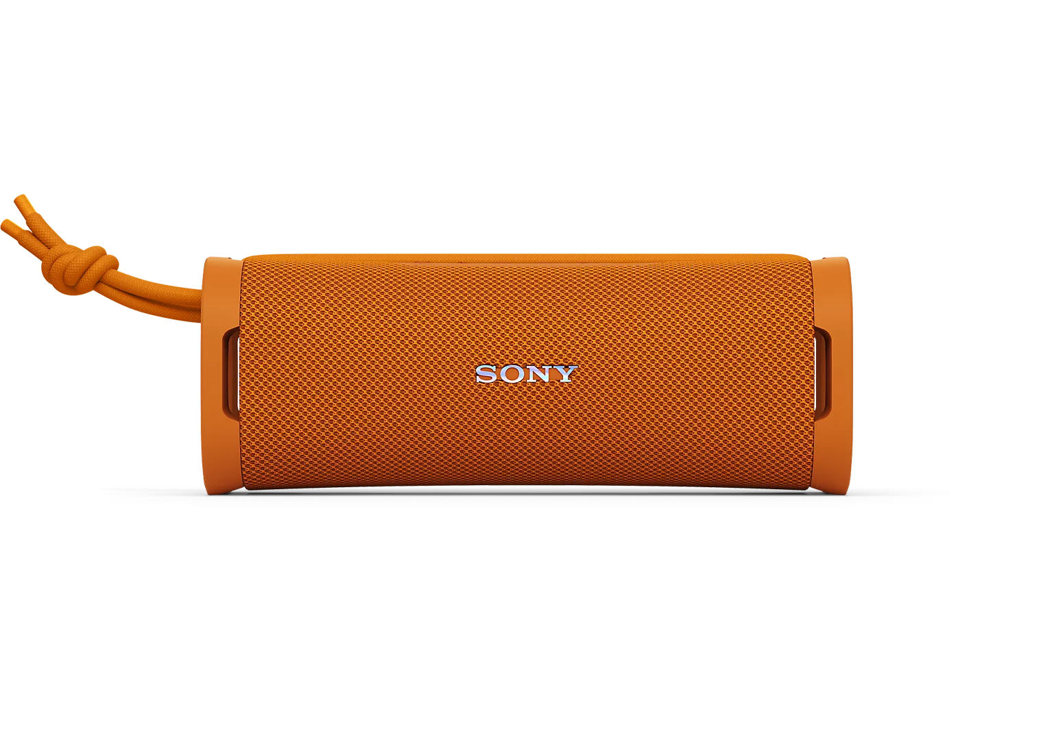 Siyah arka planda örgü kumaş gövdeye ve taşıma ipine sahip turuncu Sony taşınabilir hoparlör.