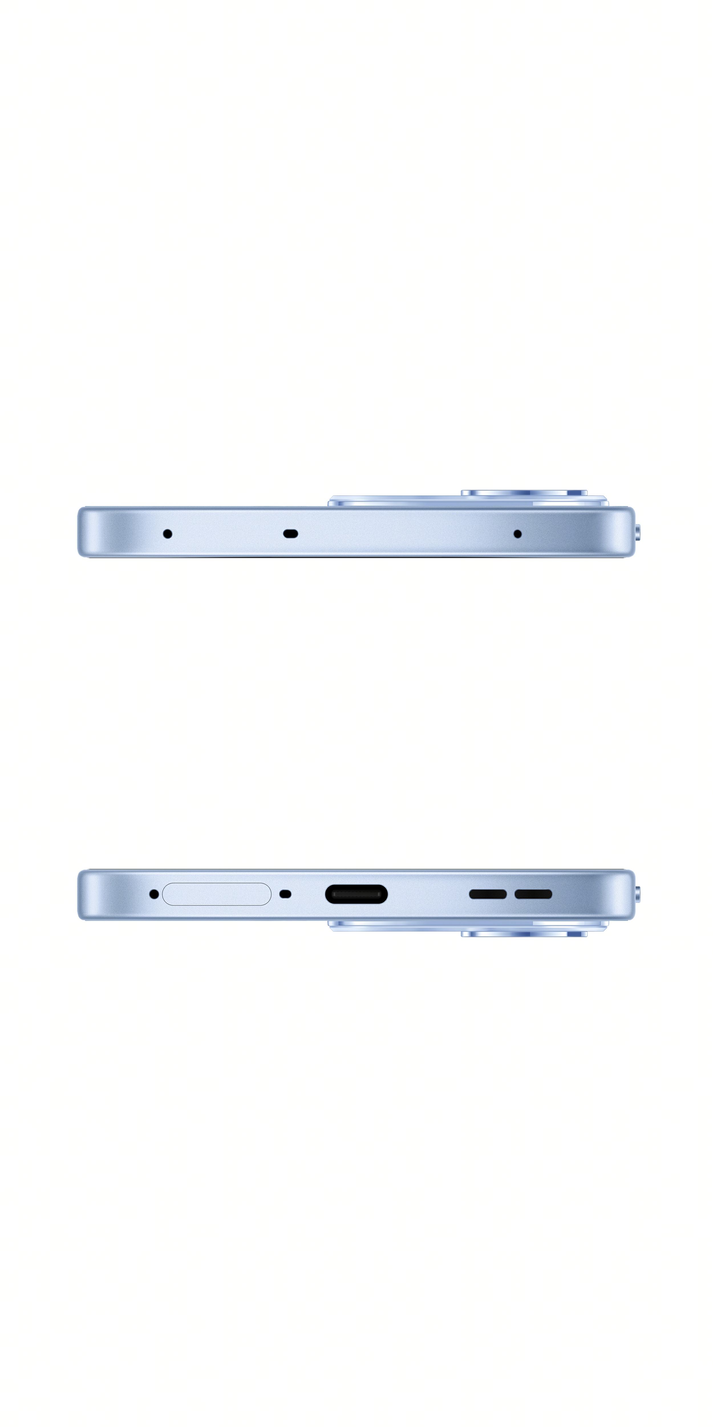 Mikrofon delikleri, USB-C bağlantı noktası ve SIM tepsisi olan açık mavi akıllı telefonun üst ve alt görünümleri.
