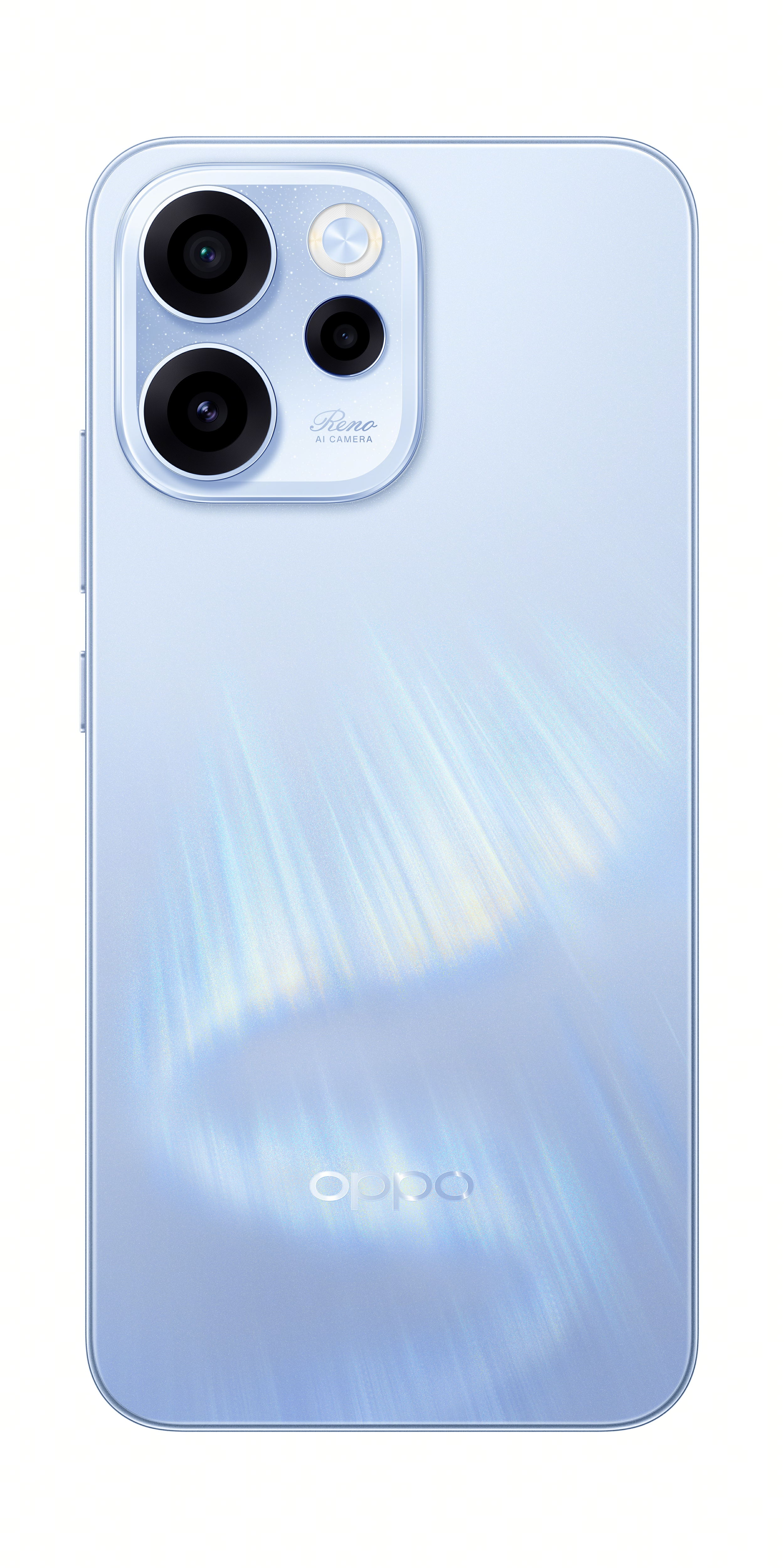 Beyaz arka planda üç kameralı ve parlak bitişli açık mavi bir Oppo Reno akıllı telefonun arka yüzü.