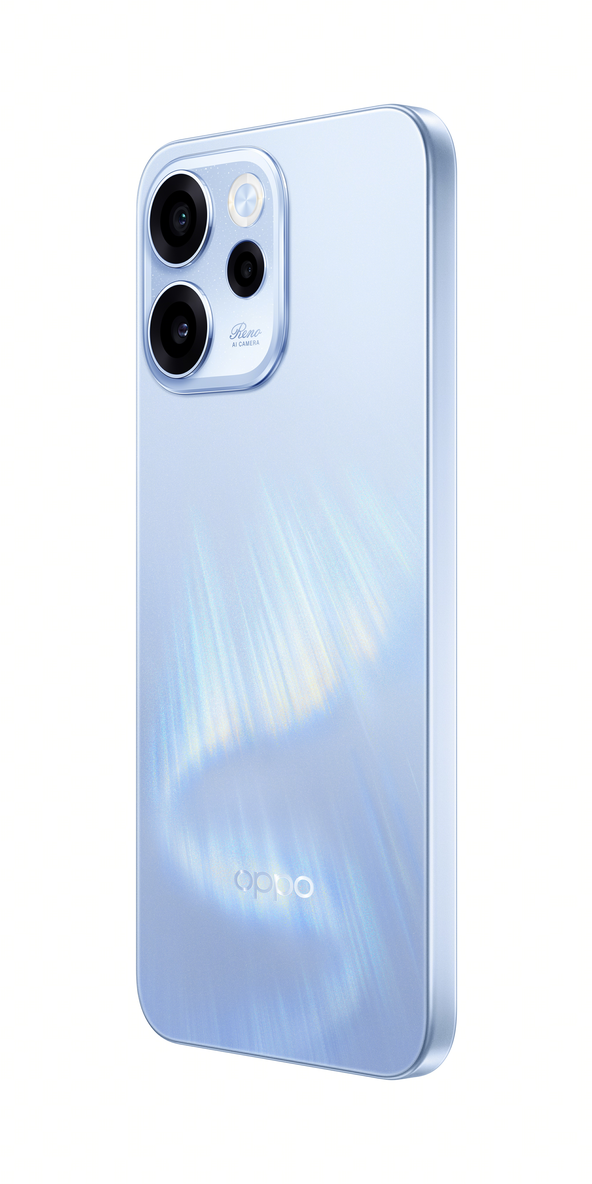 Üçlü kameralı ve beyaz arka plan üzerinde parıltılı desenli açık mavi Oppo akıllı telefonun arkası.