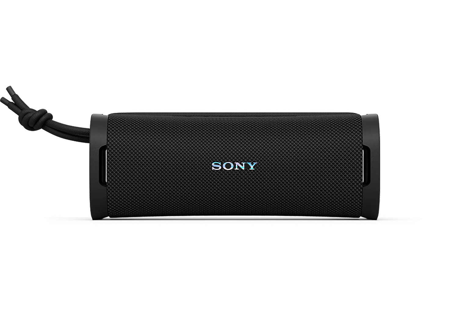 Sol tarafında taşıma ipi olan, file dokulu siyah Sony taşınabilir kablosuz hoparlör.