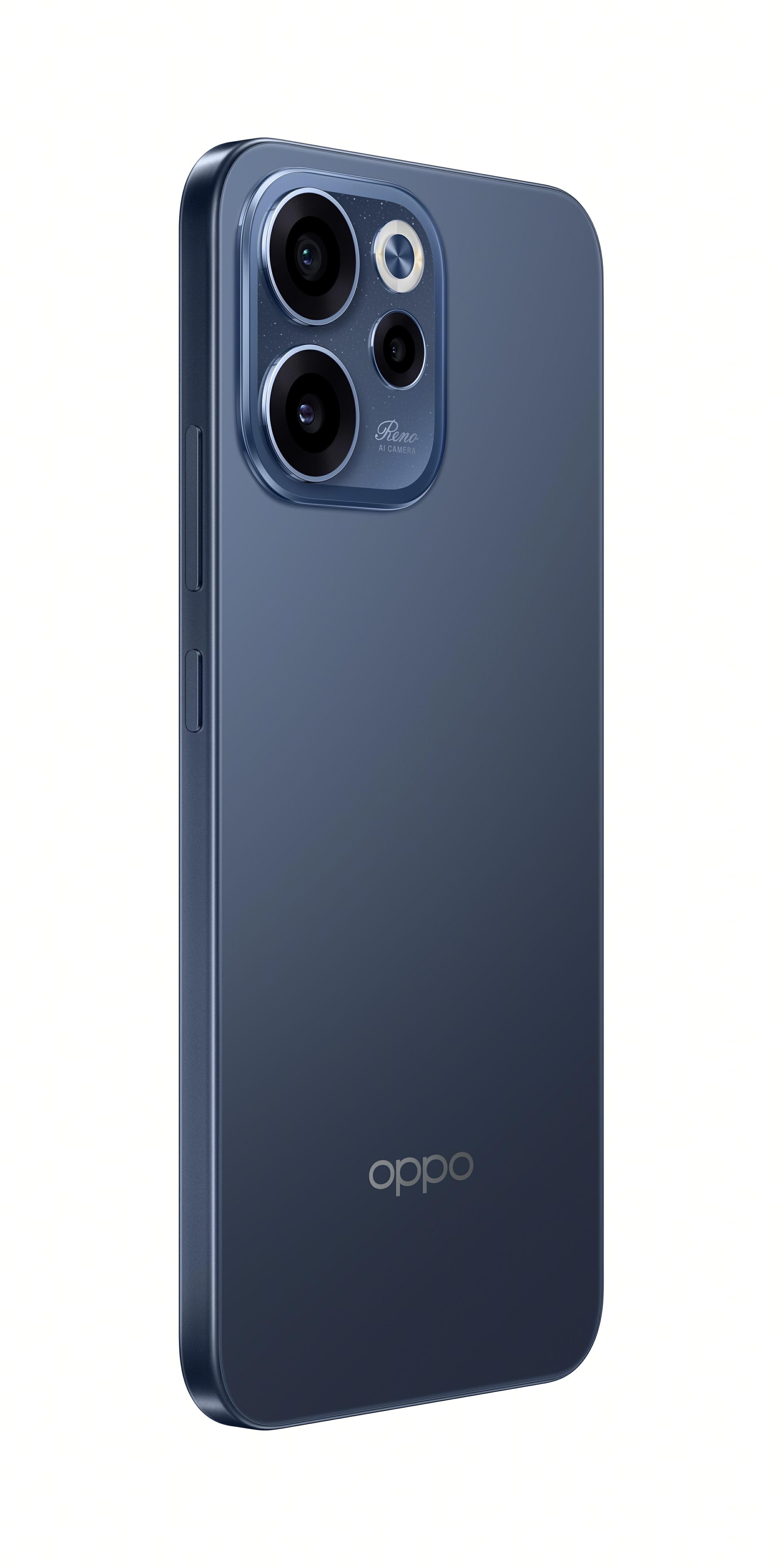 Üçlü kamera modülü ve logosu olan mavi bir Oppo akıllı telefonun arkası.