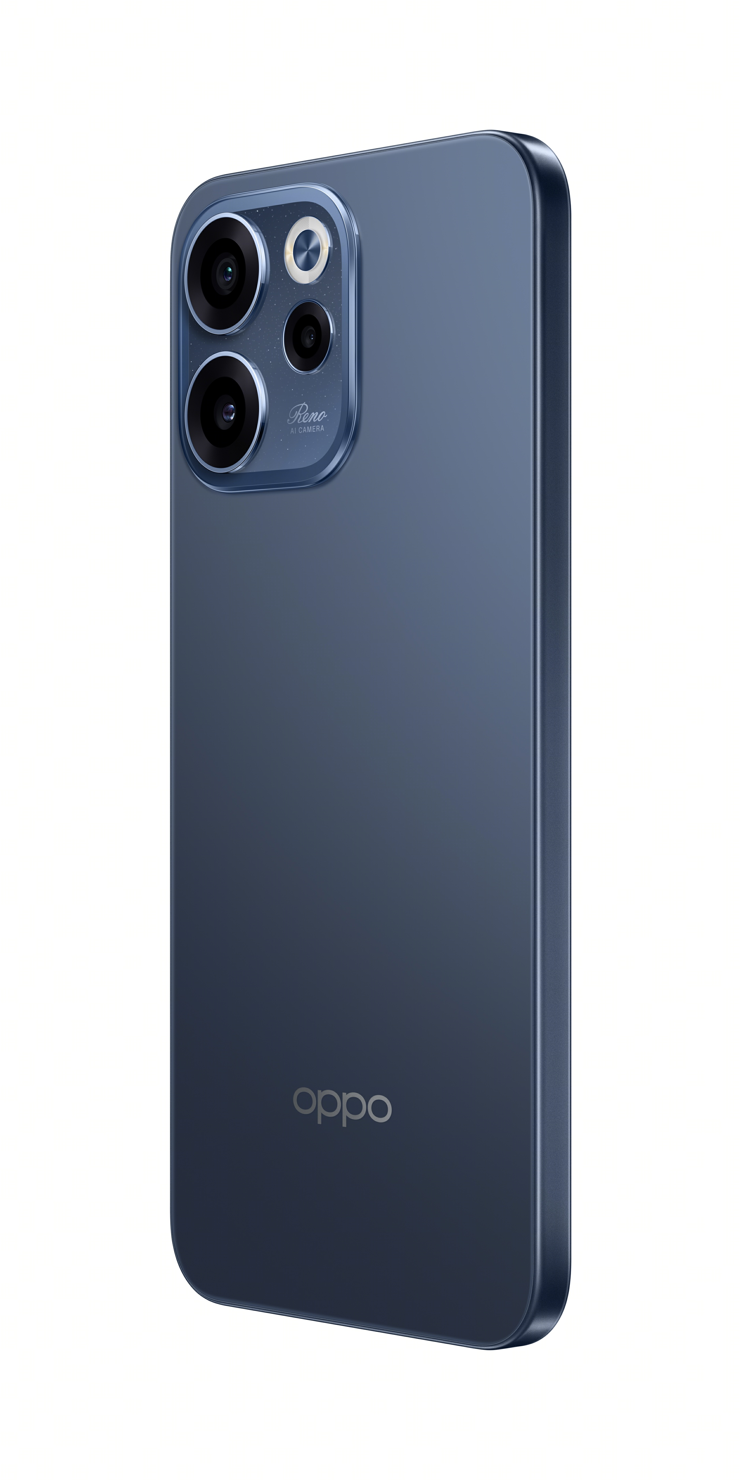 Arkadan görünen koyu mavi bir Oppo akıllı telefon, üçlü kamera modülü ve marka logosu ile.