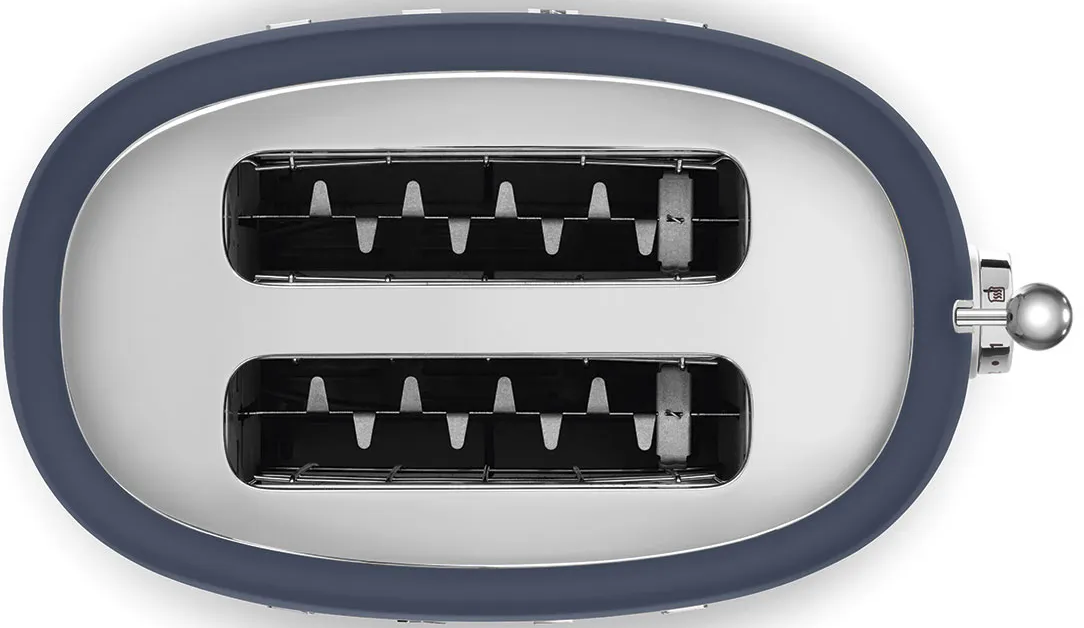 Draufsicht auf einen ovalen, grauen Toaster mit zwei Schlitzen und silbernem Hebel.