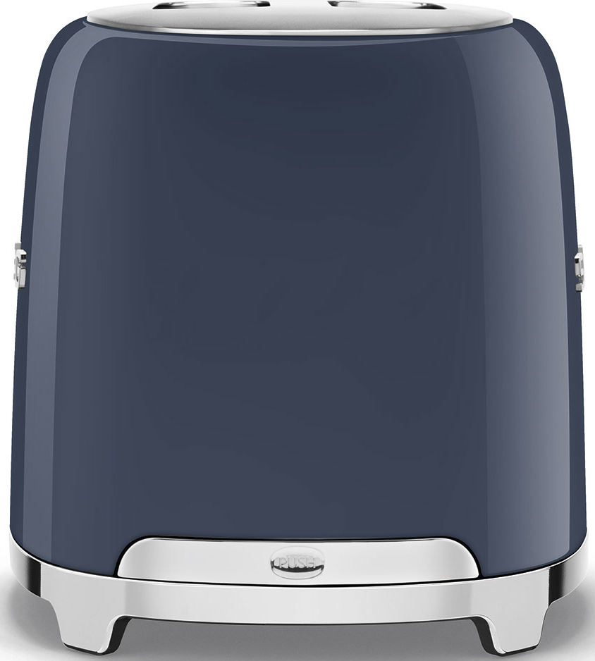 Ein blauer Toaster mit chromfarbenen Akzenten und abgerundeten Ecken auf einer hellen Oberfläche.