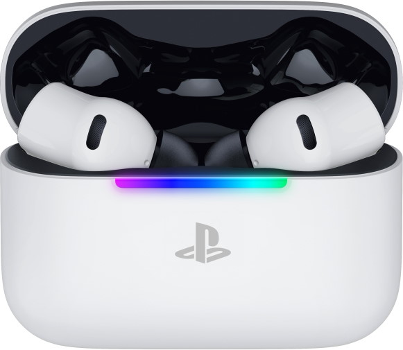 Auricolari wireless PlayStation bianchi in custodia di carica con LED multicolore.