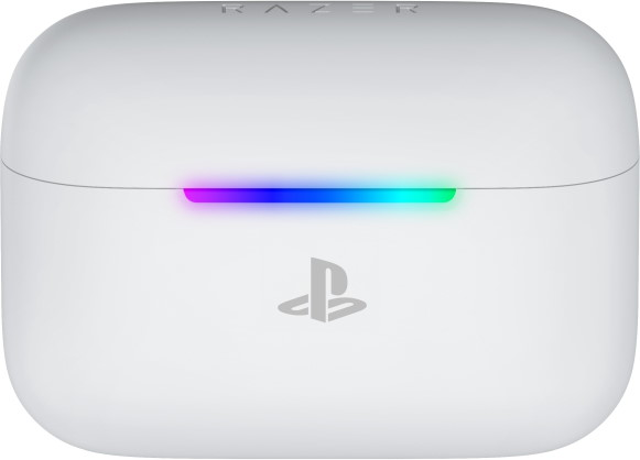 Custodia di ricarica Razer bianca con logo PlayStation e LED RGB.