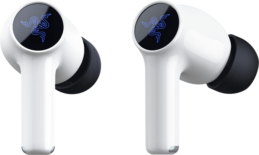 Due auricolari wireless bianchi con area touch nera e logo Razer blu su sfondo neutro.