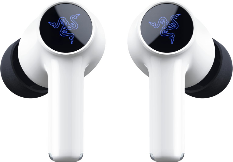 Due auricolari in-ear bianchi con area touch nera e logo blu su sfondo bianco.