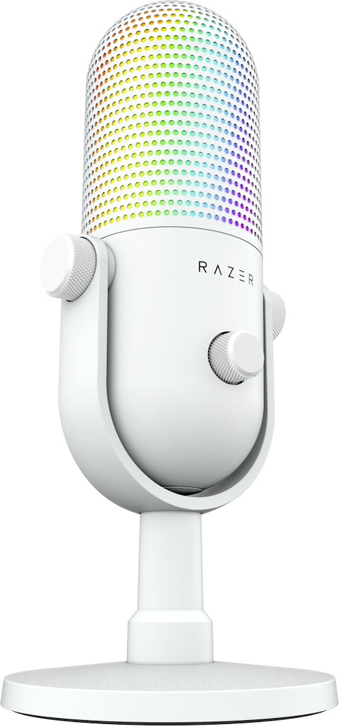 Ein weißes Razer Mikrofon mit RGB-Beleuchtung auf einem runden Ständer vor weißem Hintergrund.