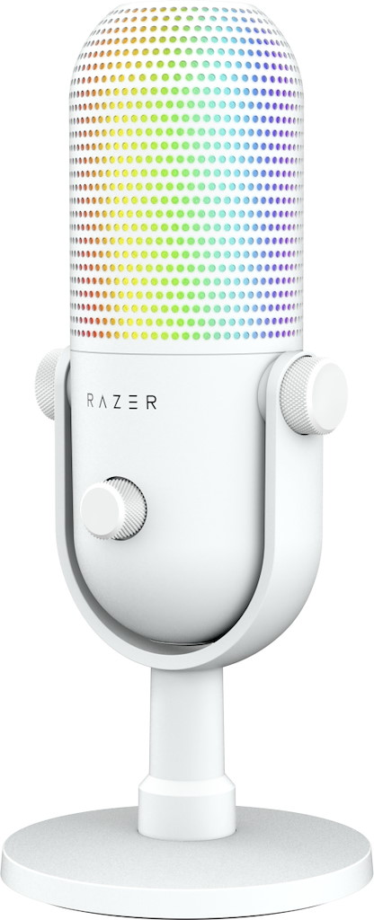 Ein weißes Razer Mikrofon mit Regenbogen-LEDs, auf weißem Hintergrund.
