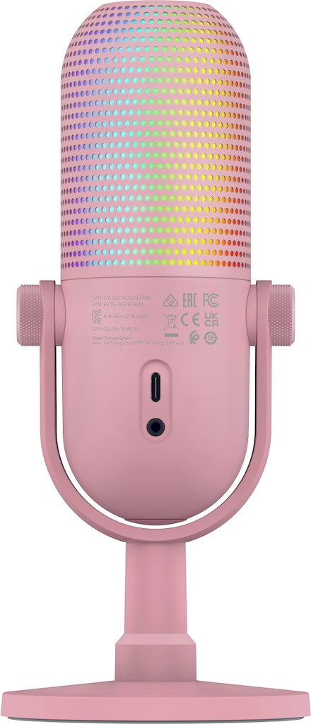 Ein rosafarbenes USB-Mikrofon mit bunter RGB-Beleuchtung auf einem Ständer und Anschlüssen auf der Rückseite.