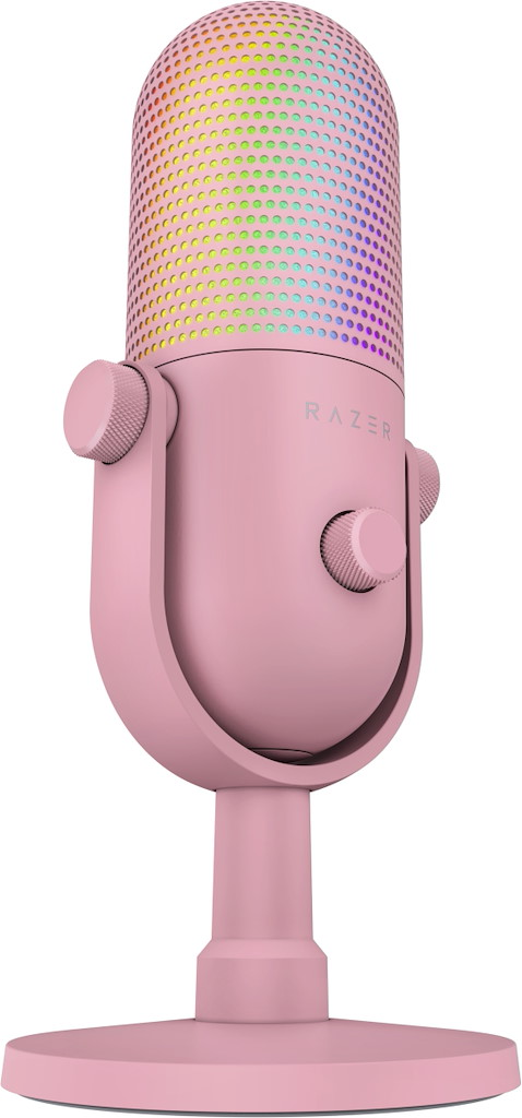 Ein rosa Razer Mikrofon auf einem Ständer mit bunt leuchtendem Gitter vor weißem Hintergrund.