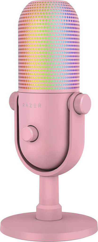 Ein rosafarbenes Razer-Mikrofon mit RGB-beleuchtetem Gitter und Ständer.