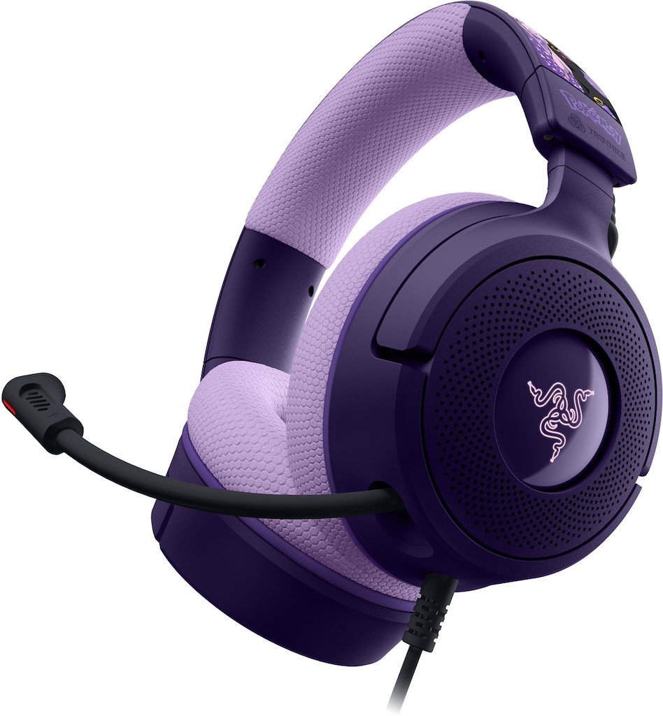 Cuffie da gioco viola con design Pokémon e microfono.