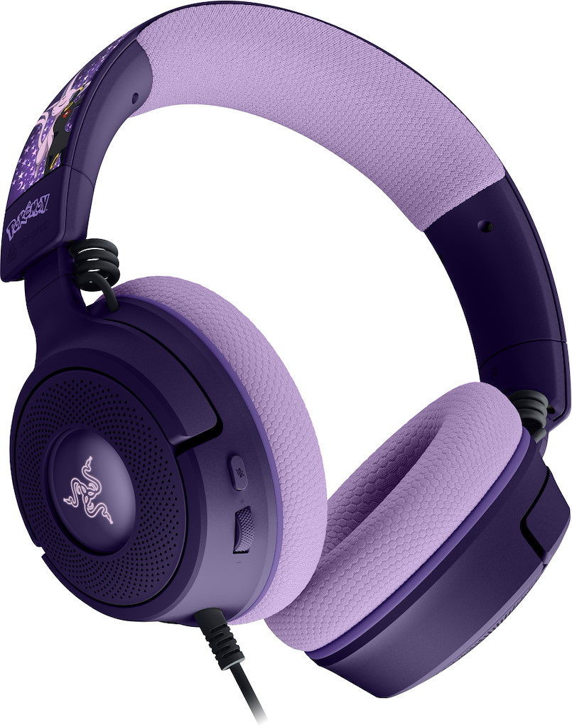 Cuffie da gaming viola e nere con design Pokémon e cuscinetti in tessuto.