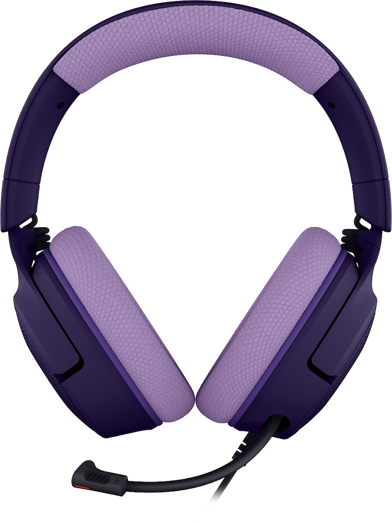 Cuffie da gioco viola con archetto e microfono attaccato su sfondo bianco.