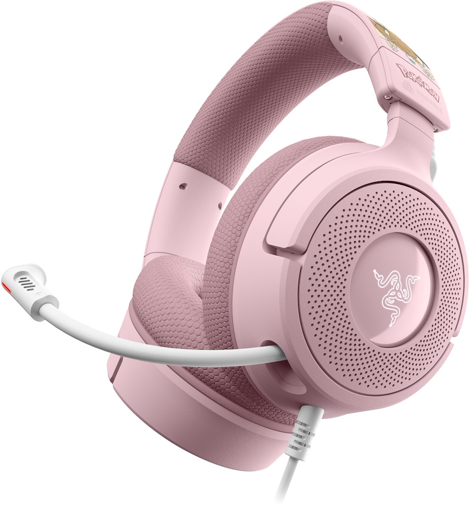 Casque de jeu Razer rose avec microphone et câble blancs sur fond blanc.