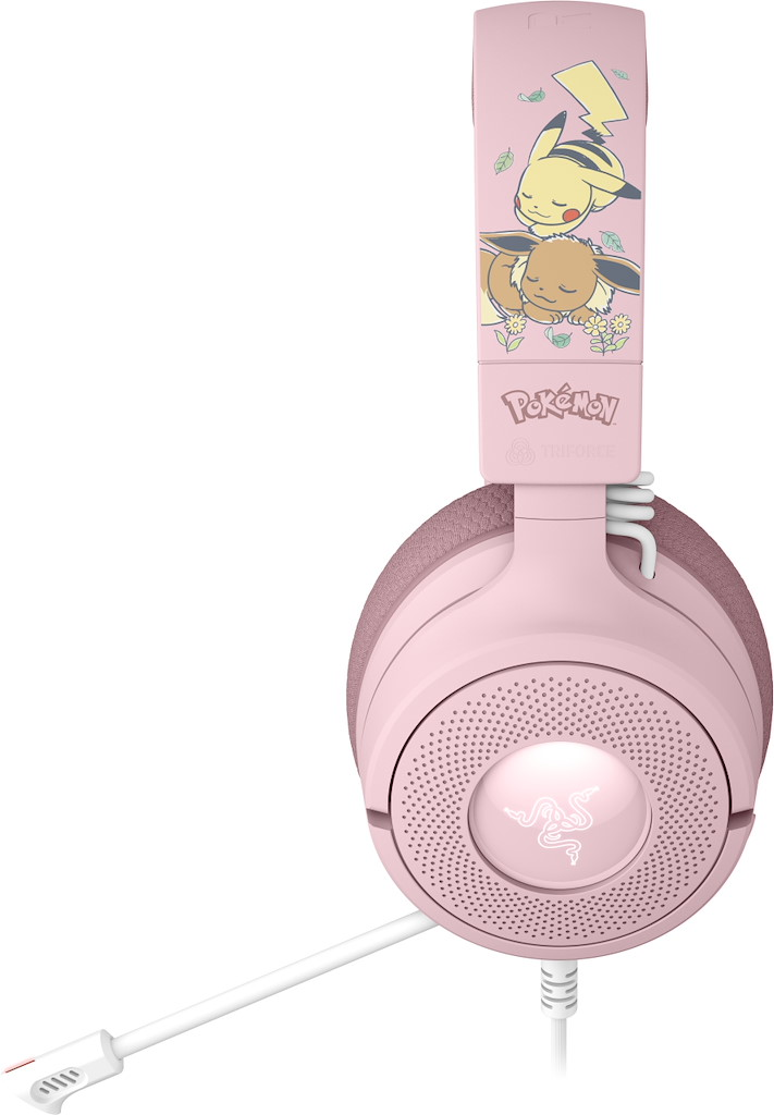 Casque de jeu Pokemon rose avec des illustrations de Pikachu et Eevee sur l'arceau et un micro blanc.